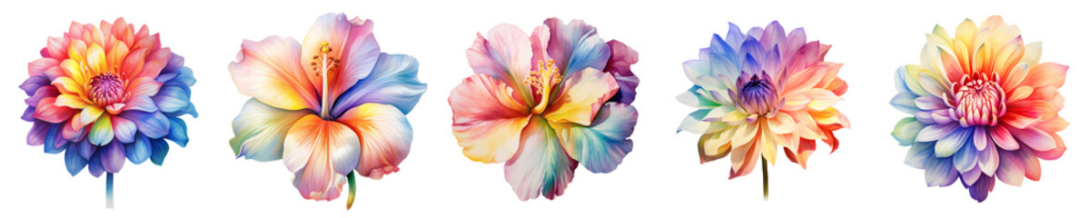 Obraz premium Watercolor style illustration of dahlia and hibiscus flowers in pastel rainbow colors