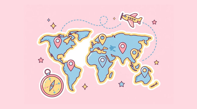 World Map Airplane Travel Route Location Pin Concept