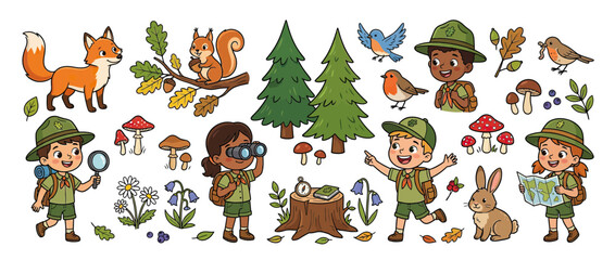 Obraz premium Cartoon Kids Exploring Nature with Animals and Forest Elements