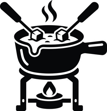 Cheese Fondue Pot Silhouette &ndash; Caquelon with Dipping Forks & Burner Icon, Black Cutout Alpine Swiss Dining Vector, Isolated on White