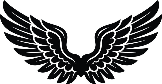 Symmetrical Feathered Wings Silhouette &ndash; Angel & Bird Flight Emblem Icon, Black Cutout Heraldic Aviation Wings Vector, Isolated on White