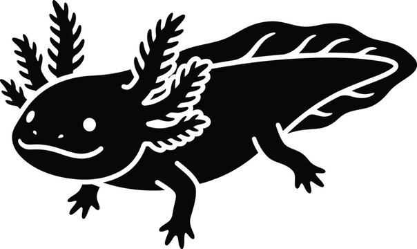 Axolotl Silhouette &ndash; Mexican Walking Fish Amphibian Icon, Black Cutout Aquatic Wildlife Vector, Isolated on White