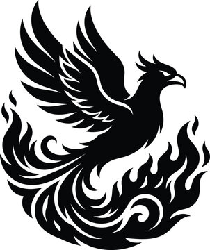Phoenix Bird Rising from Fire Silhouette &ndash; Rebirth Mythological Flame Icon, Black Cutout Fiery Firebird Vector, Isolated on White