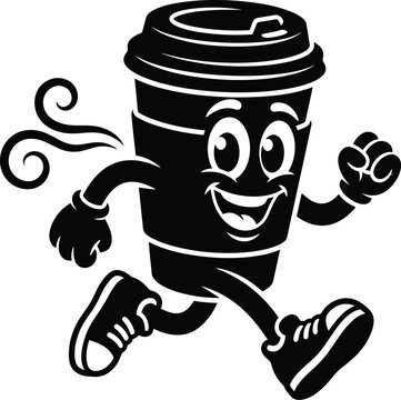 Running Coffee Cup Mascot Silhouette &ndash; Happy Cartoon To-Go Coffee Character Icon, Black Cutout Morning Beverage Vector, Isolated on White