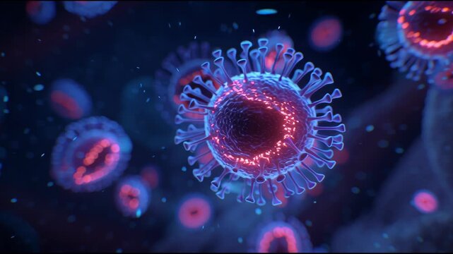 Microscopic Viral Invasion: A stunning, high-detail 3D render of a virus particle, with its distinctive spike proteins illuminated, floating in a biological fluid amidst red blood cells.
