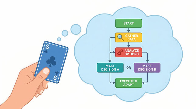 Person holding a playing card while thinking about a logic flow chart to solve complex business problems through analytical planning strategies and sequential task execution for better outcomes