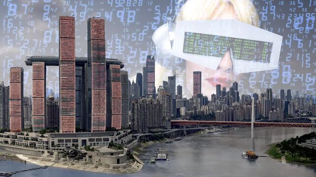 chongqing cyberpunk city with overlayed code and data on the buildings