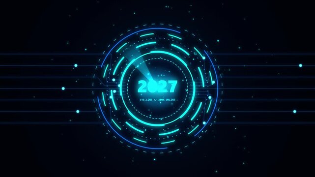 Futuristic HUD interface animation with glowing blue circles and cyber digital 2027 year text