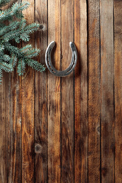Old horseshoe and spruce branches on a wooden background.