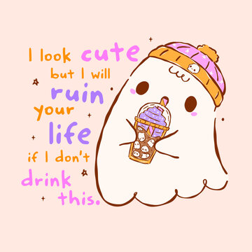 Halloween coffee sticker with a cute kawaii ghost drinking iced coffee Funny caffeine quote
