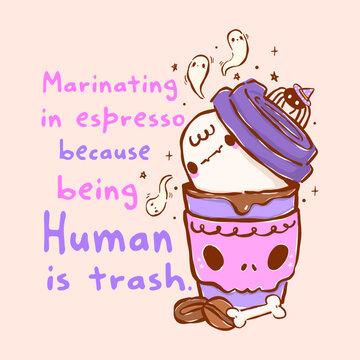 Halloween coffee sticker with a cute kawaii ghost peeking from to go coffee Funny caffeine quote