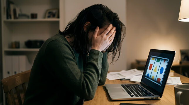 A frustrated woman sits at a wooden table in a dimly lit room while covering her face with both hands because she is overwhelmed by the heavy pressure of managing her personal financial matters