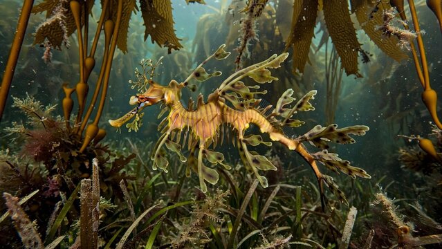 Leafy Seadragon Phycodurus Eques In Kelp Forest South Australia Temperate Waters