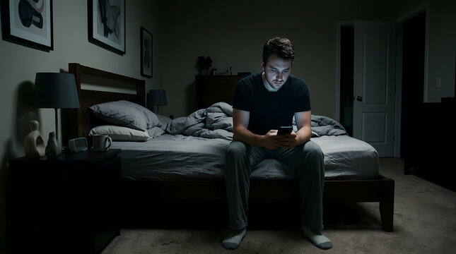 A young man sits on the side of his bed late at night while staring at the screen of his smartphone in a dark bedroom because he suffers from insomnia and needs to pass the time before sleeping