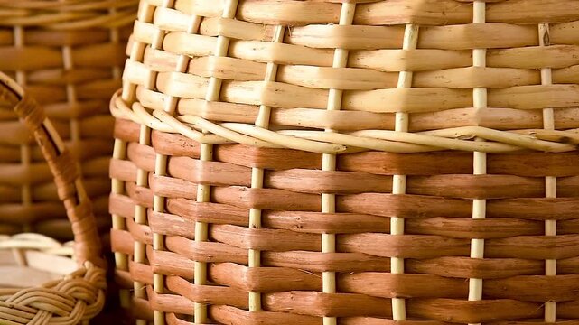 Close-up of woven baskets made of natural materials such as woven willow or straw.