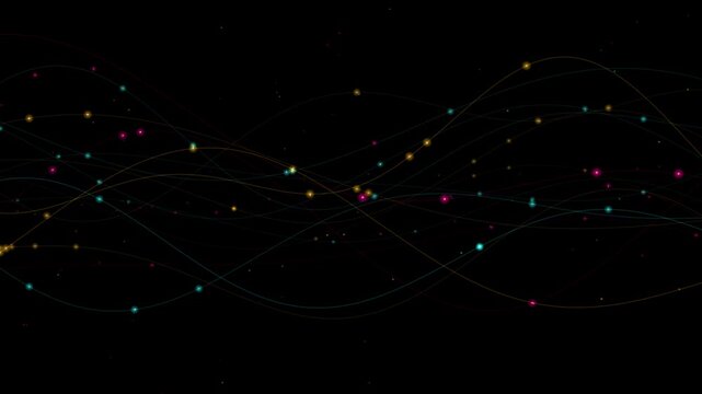Colorful cosmic connections with glowing star clusters and curved light paths