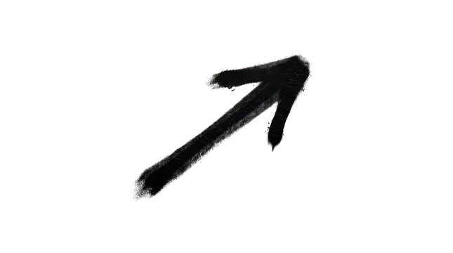 A black spray paint arrow pointing up and right, isolated on transparent background