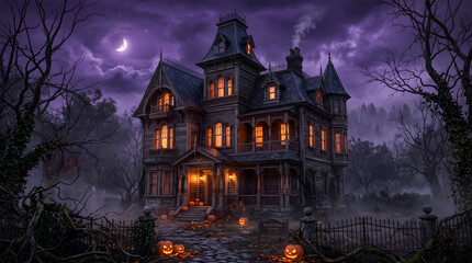 Obraz premium Haunted Victorian mansion with glowing windows at night