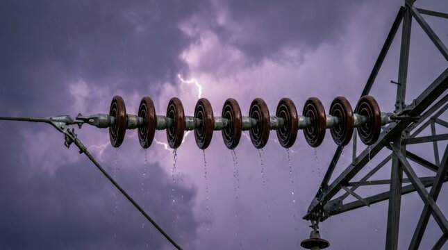 Rain-soaked insulator discs on transmission tower during a lightning storm