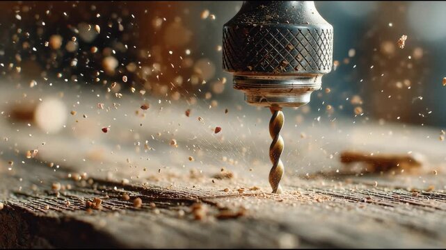 Drilling Wood with Sawdust: A close-up shot captures a drill bit boring into a wooden surface, sending fine sawdust particles flying in a dynamic display of craftsmanship.