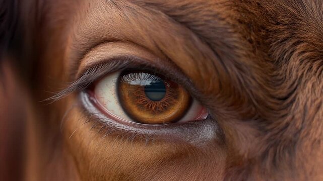 Firefly Extreme macro photorealistic footage of an enraged brown bull eye, deep copper-brown iris