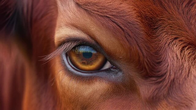 Firefly Extreme macro photorealistic footage of an angry reddish-brown bull eye, rich golden-brown iris