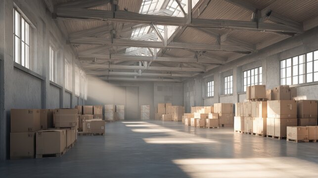Clean warehouse with metal racks and boxes, minimalistic modern design, realistic lighting 