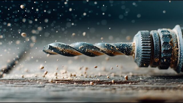 Close-up of Drill Bit Working: A sharp metal drill bit bores into a wooden surface, creating a cloud of sawdust in a dynamic display of creation and construction.