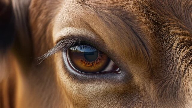 Firefly Extreme macro photorealistic footage of a single bull eye, deep amber iris with natural radiance