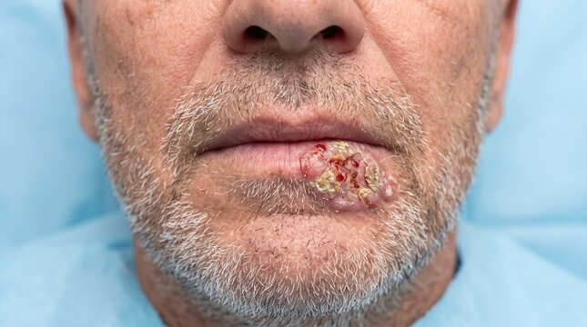 Macro Shot of Crusted Cold Sore Lesion and Herpes Simplex Infection on Male Lower Lip