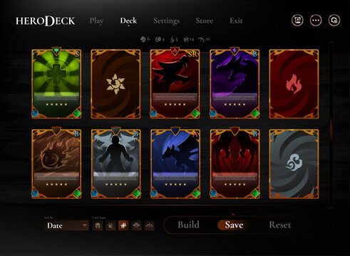 Fantasy TCG deck builder game UI featuring collectible cards, deck customization, card types, sorting controls, and a dark medieval interface with ornate fantasy elements.