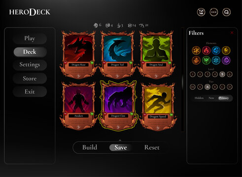 Modern fantasy TCG deck builder UI featuring collectible character cards, elemental filters, tier selection, deck controls, and a dark polished interface for a strategic RPG game.