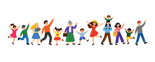 Fototapeta premium Happy group of diverse people including men women and children standing together smiling and waving hands in a joyful celebration of community and friendship in a colorful pixel art style