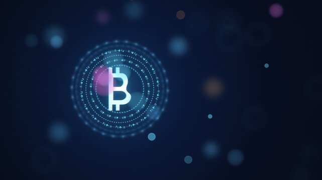Animated glitching Bitcoin symbol inside dotted HUD rings with bokeh on navy, cryptocurrency volatility, blockchain and digital currency risk concept