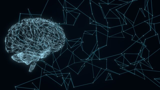 Wireframe human brain beside plexus network of connected lines and dots on dark background, artificial intelligence, machine learning and data concept