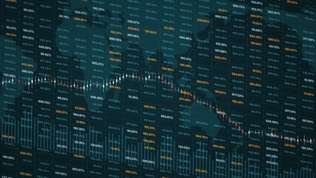 Animated financial data wall with shimmering percentage figures, candlestick chart and world map on dark teal, global stock market trading board screen