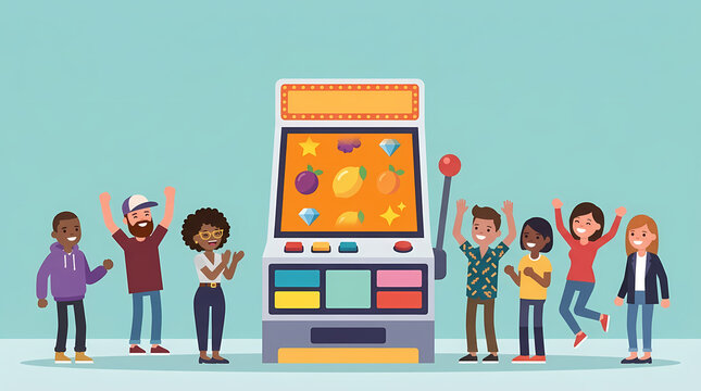 Diverse group of happy people celebrating big win while playing together on a vintage gaming machine with colorful fruit symbols and spinning wheels that represent excitement for casino