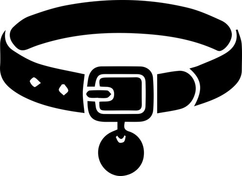 Dog collar black vector icon with buckle and round metal name tag hanging down.