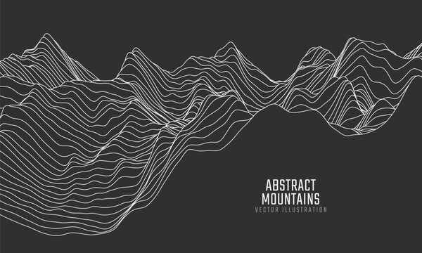 Contour mountain landscape. Waved line art. Abstract minimal topographic map. Contour lines with elevations and terrain depth. Vector illustration.