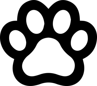 Dog paw print black vector icon with thick outline and classic four toe pads.