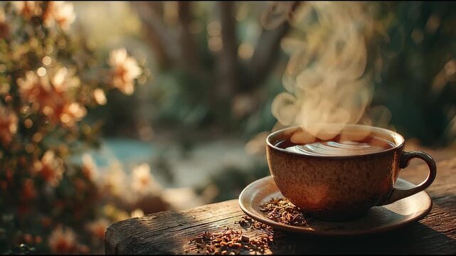 Steaming Cup of Tea: A warm cup of tea sits on a saucer on a rustic wooden table, with steam gently rising into the air. The background is softly blurred.