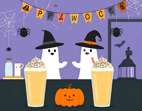 Cute Halloween Ghosts Enjoying Spooky Drinks with Pumpkin Decoration.