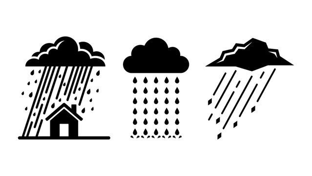 Weather showing heavy rain falling on house, rain shower, storm with hail on background, for meteorological reporting