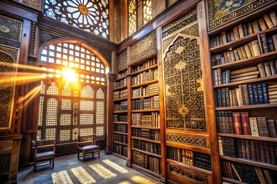 Ornate arabic library interior with carved wooden shelves, old books, patterned window and golden sunlight highlighting cultural heritage and scholarly ambiance   generated ai