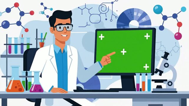 Smiling Scientist Pointing to Green Screen Computer Monitor in Modern Laboratory Animation