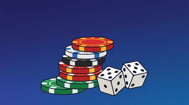 Stack Of Colorful Gambling Tokens And Two White Dice Used During A Card Game Or Professional Casino Tournament Event For High Stakes Winners Who Enjoy Playing Strategy Based Entertainment Games