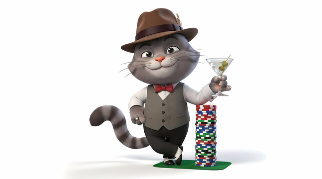 A sophisticated cat character wearing a formal hat and vest holding a beverage while leaning against a large stack of gambling chips during a fun evening spent at a busy high stakes card table