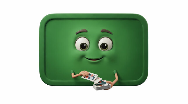 A cheerful anthropomorphic green rectangular character holding a deck of playing cards to suggest entertainment and strategy while displaying a friendly facial expression for creative project