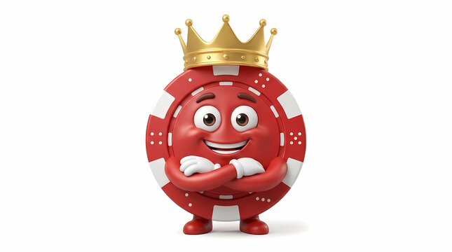 A cheerful red casino chip mascot character wearing a golden crown standing with folded arms and smiling confidently representing a successful winner in a competitive game of strategy and luck