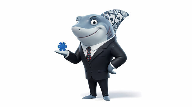 A shark wearing a formal business suit stands holding a blue puzzle piece while several playing cards are tucked behind its back to represent a clever character concept for corporate storytelling